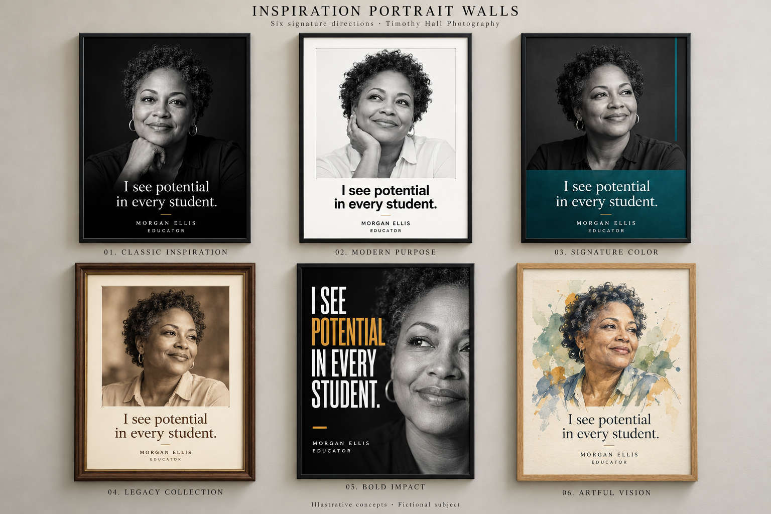 Six inspirational portrait concepts: Classic Inspiration, Modern Purpose, Signature Color, Legacy Collection, Bold Impact, and Artful Vision